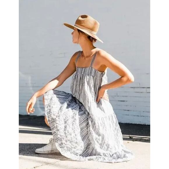 Jenni Kayne Summer Dress Midi Ink Striped Blue White Cotton Small Strappy - Picture 1 of 8